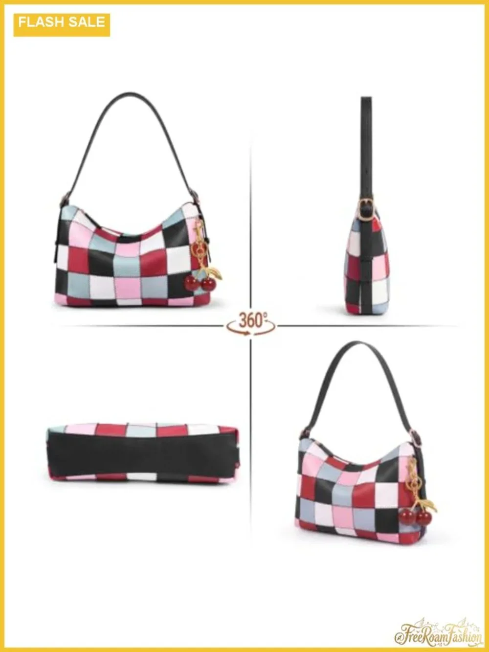 PU Leather Checkered Hobo Bag Vegan Leather Crossbody Purse with Cherry Charm
